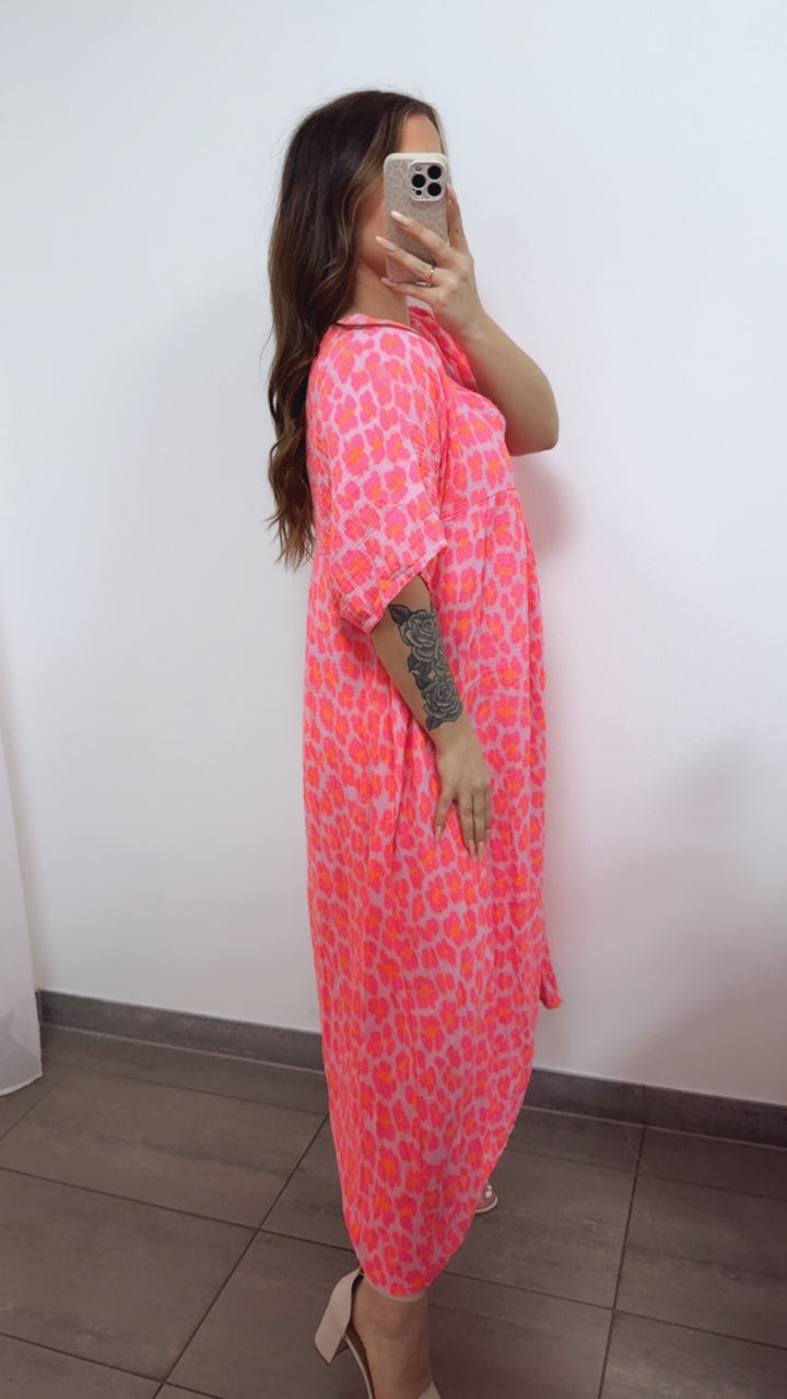 LEO langes Musselin Kleid, kurze Ärmel / rosa - Neon pink - Neon orange Art. 14687