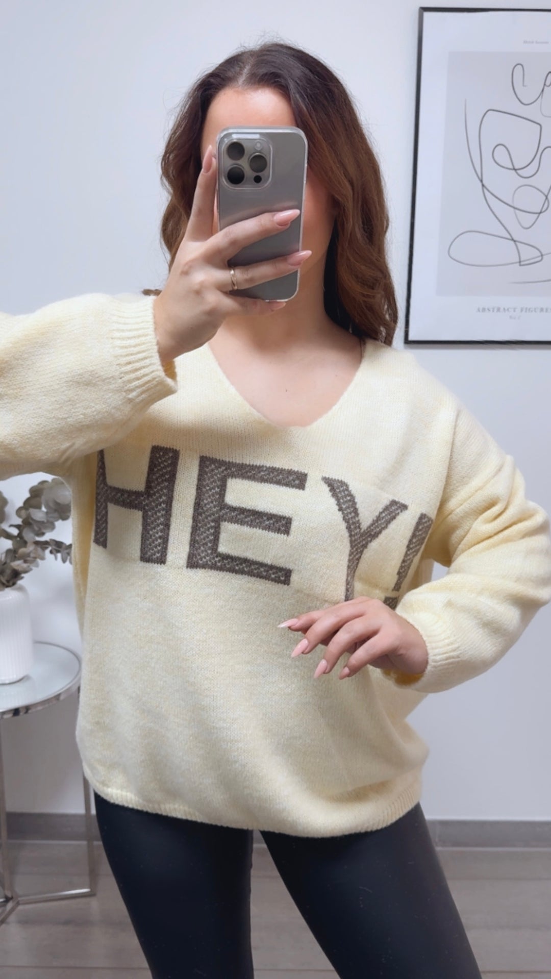 Strick Pullover " HEY ! " / soft gelb - taupe Art. 13150