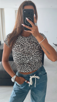 LEO KLEINES MUSTER Crop T-shirt / Creme - braun - schwarz Art. 16071