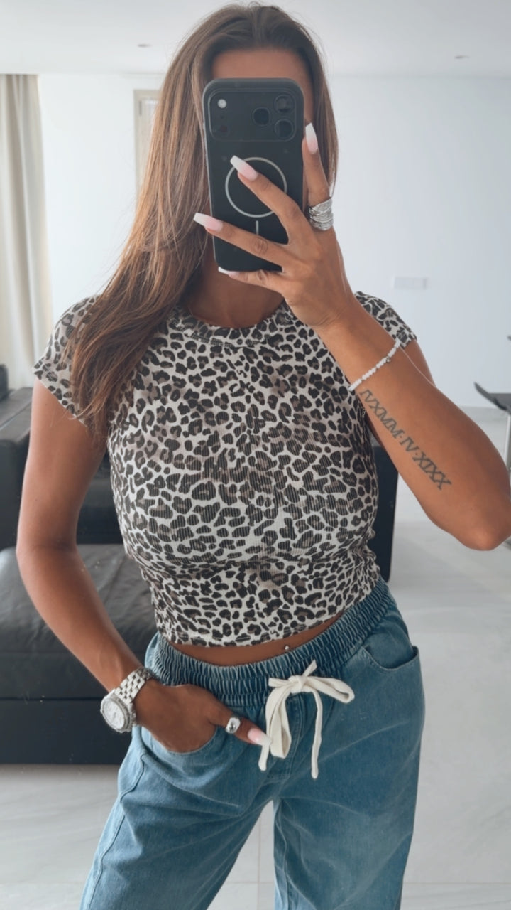 LEO KLEINES MUSTER Crop T-shirt / Creme - braun - schwarz Art. 16071