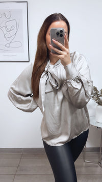 SEIDE MIX Bluse mit seitlicher Schleife / beige grau Art. 13219