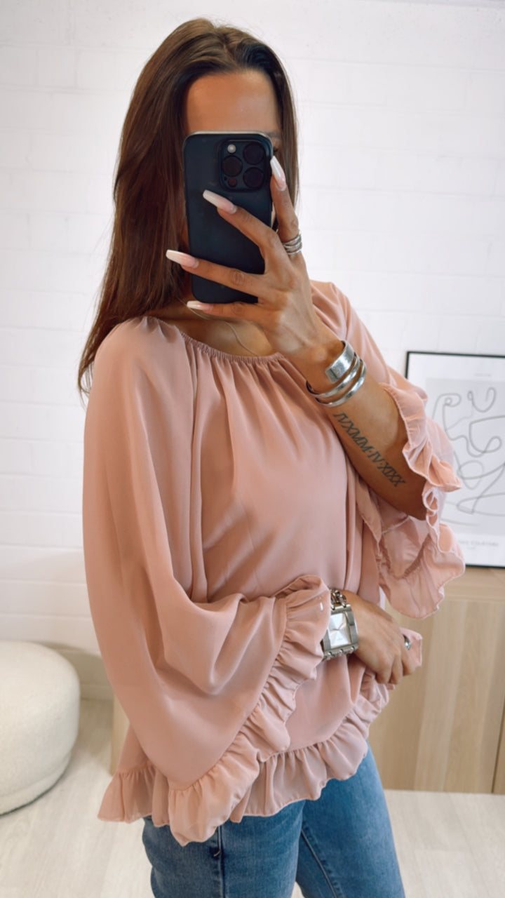 Chiffon Bluse mit Volant Applikationen / puder - rosa Art. 9352