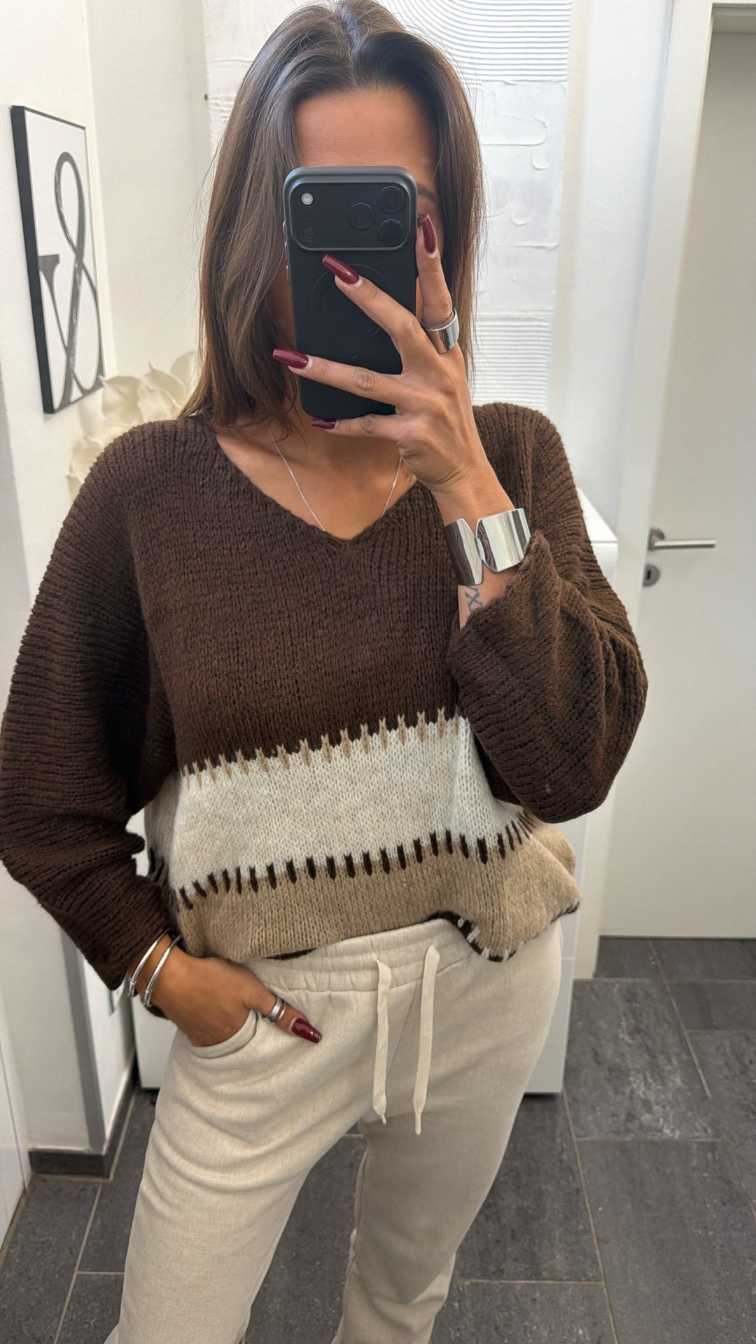 Wollfreier Blockstreifen Pullover / braun - beige - creme Art.16564