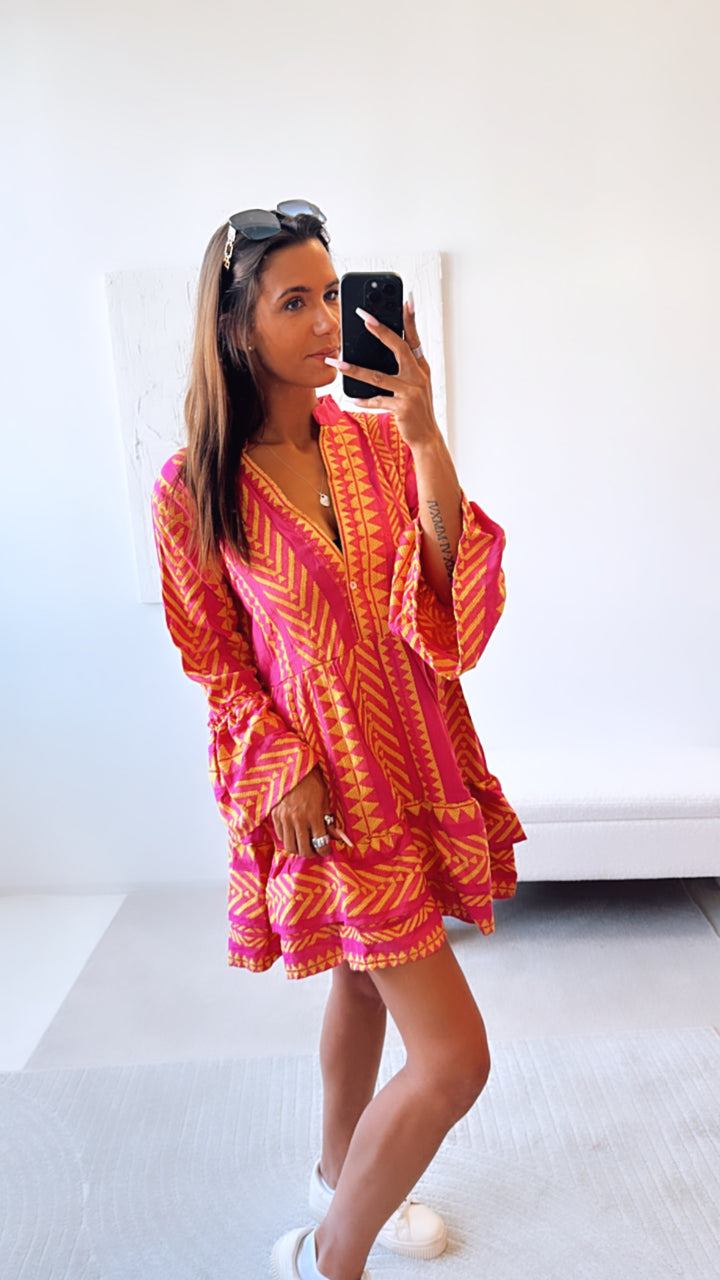 Tunika Kleid mit ausgefallenem Muster, eckige Formen / pink - gelb Art. 6705