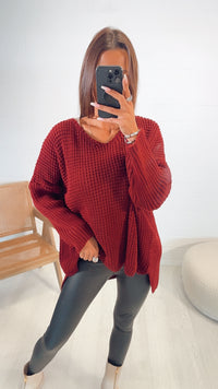 grober Strick Pullover, engere Ärmel, V-Ausschnitt / bordeaux rot Art. 7780