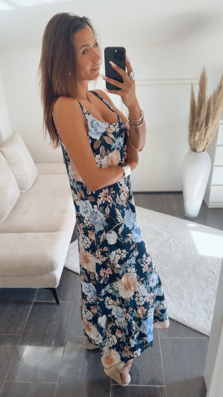 FLORALES Maxi Kleid mit verstellbaren Trägern / blau - hell blau- creme - rosa Art.14784