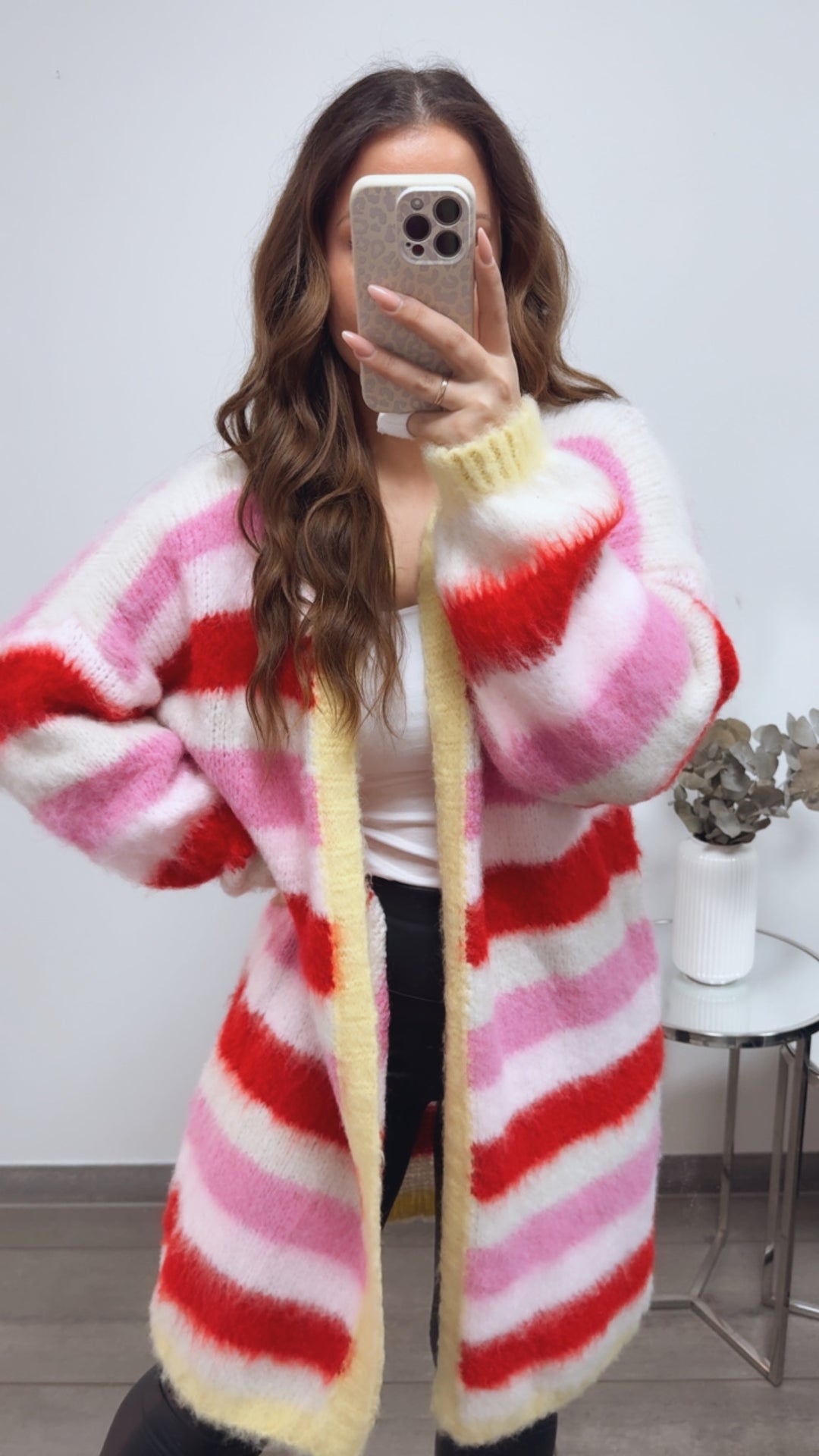 STREIFEN flauschiger, offener Cardigan / soft gelb - creme - pink - rosa - rot Art. 13571