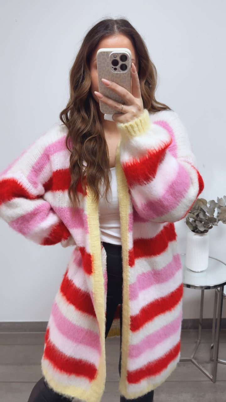 STREIFEN flauschiger, offener Cardigan / soft gelb - creme - pink - rosa - rot Art. 13571