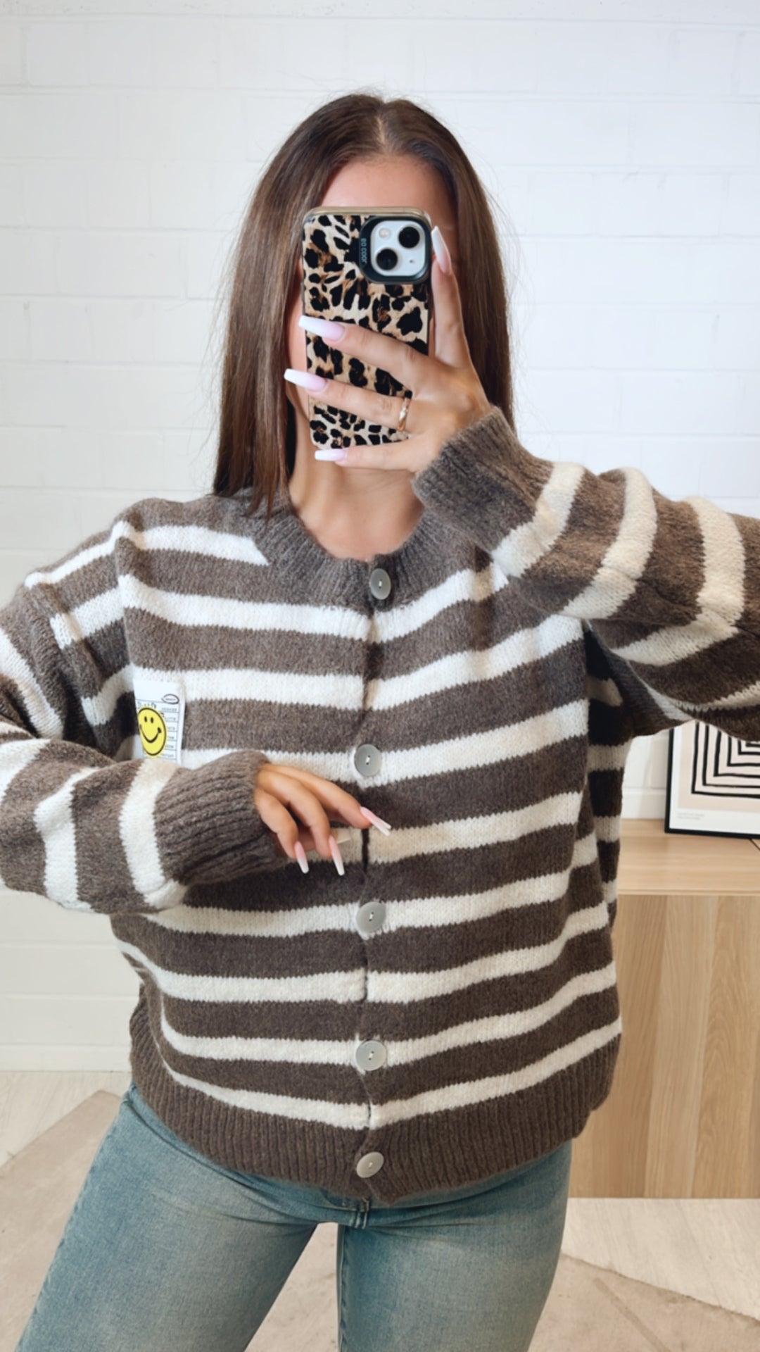 gestreifter Cardigan " Smiley " / taupe - creme Art. 11211