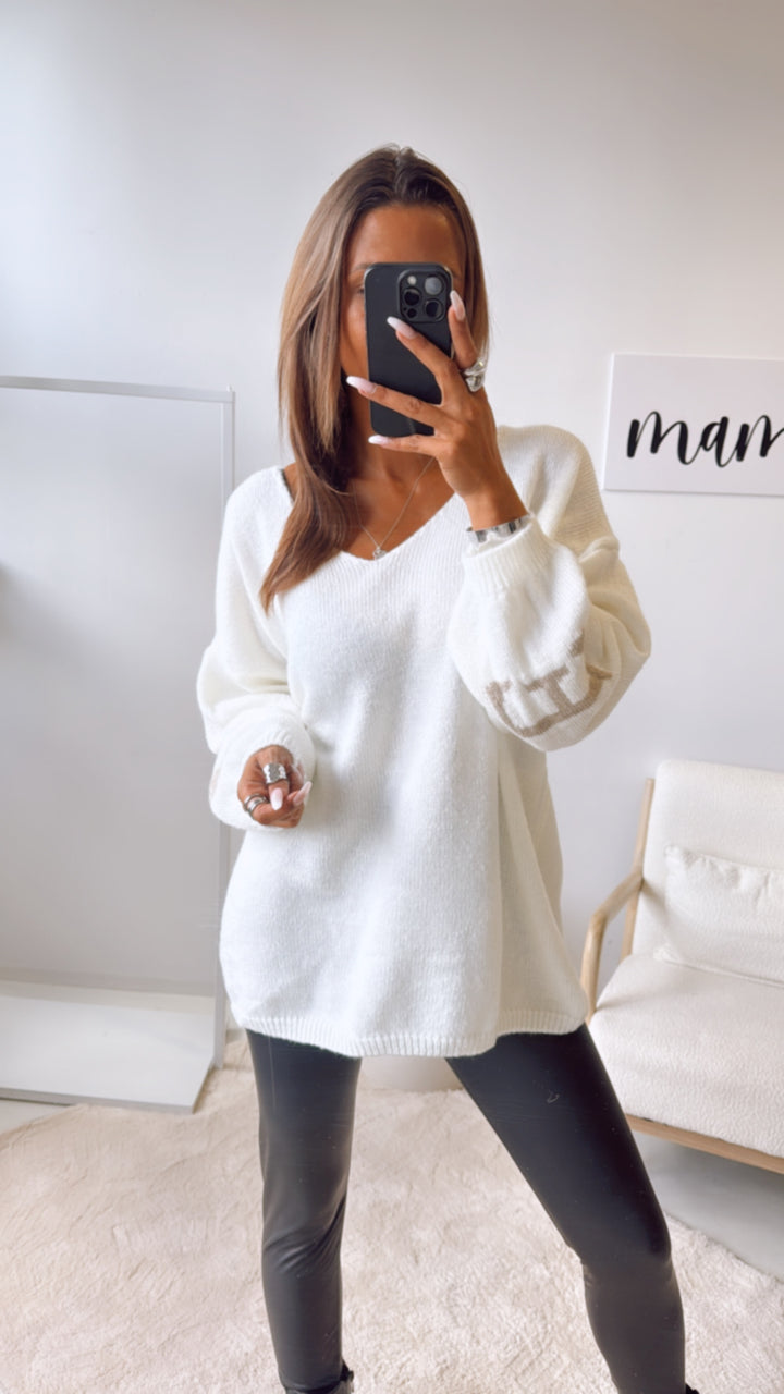 Strick Pullover "Namaste" / woll weiß - beige Art. 122326