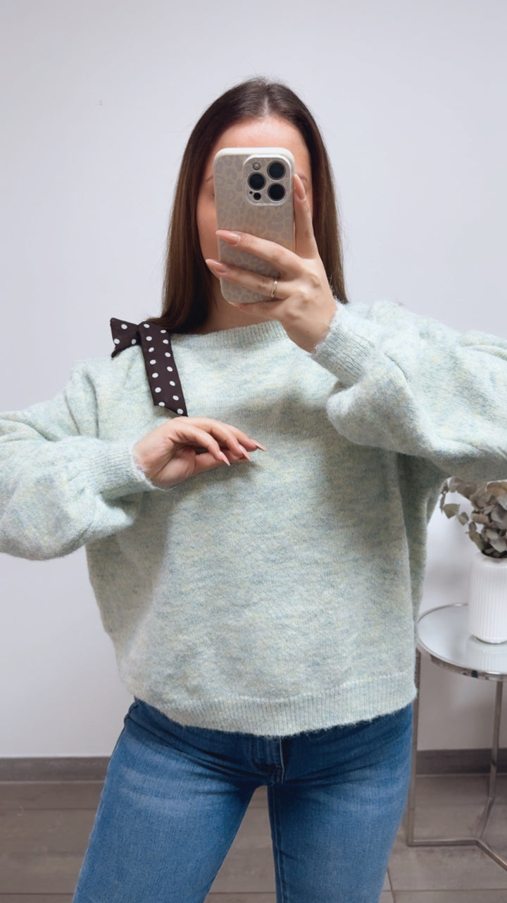 ONE SHOULDER Pullover, Punkte Schleife / mint meliert Art. 13817