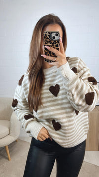 STREIFEN - HERZEN Strick Pullover / beige - schoko braun - creme Art.