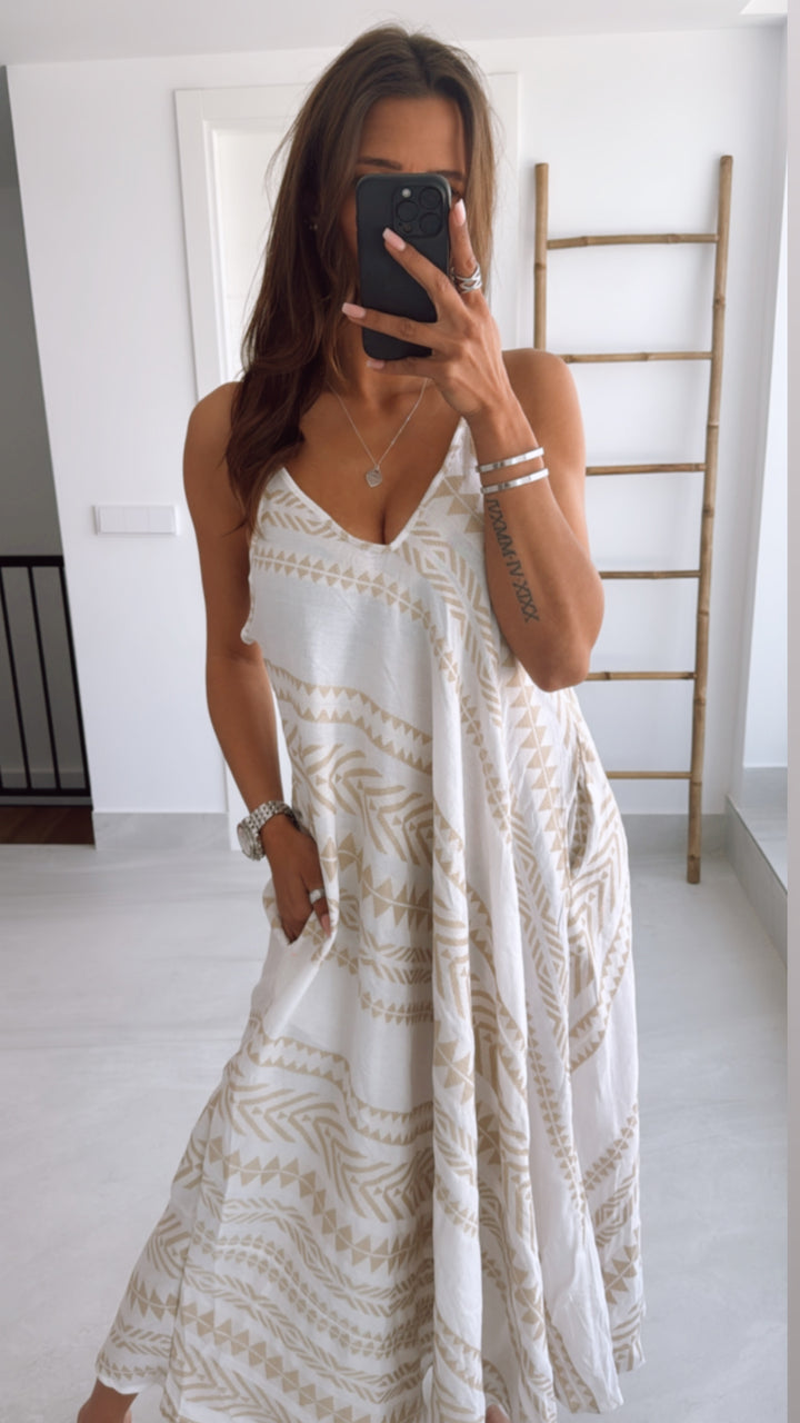 (Maxi-) PREMIUM Summer Vibe Kleid / Hängerchen / weiss - beige Art. 9573