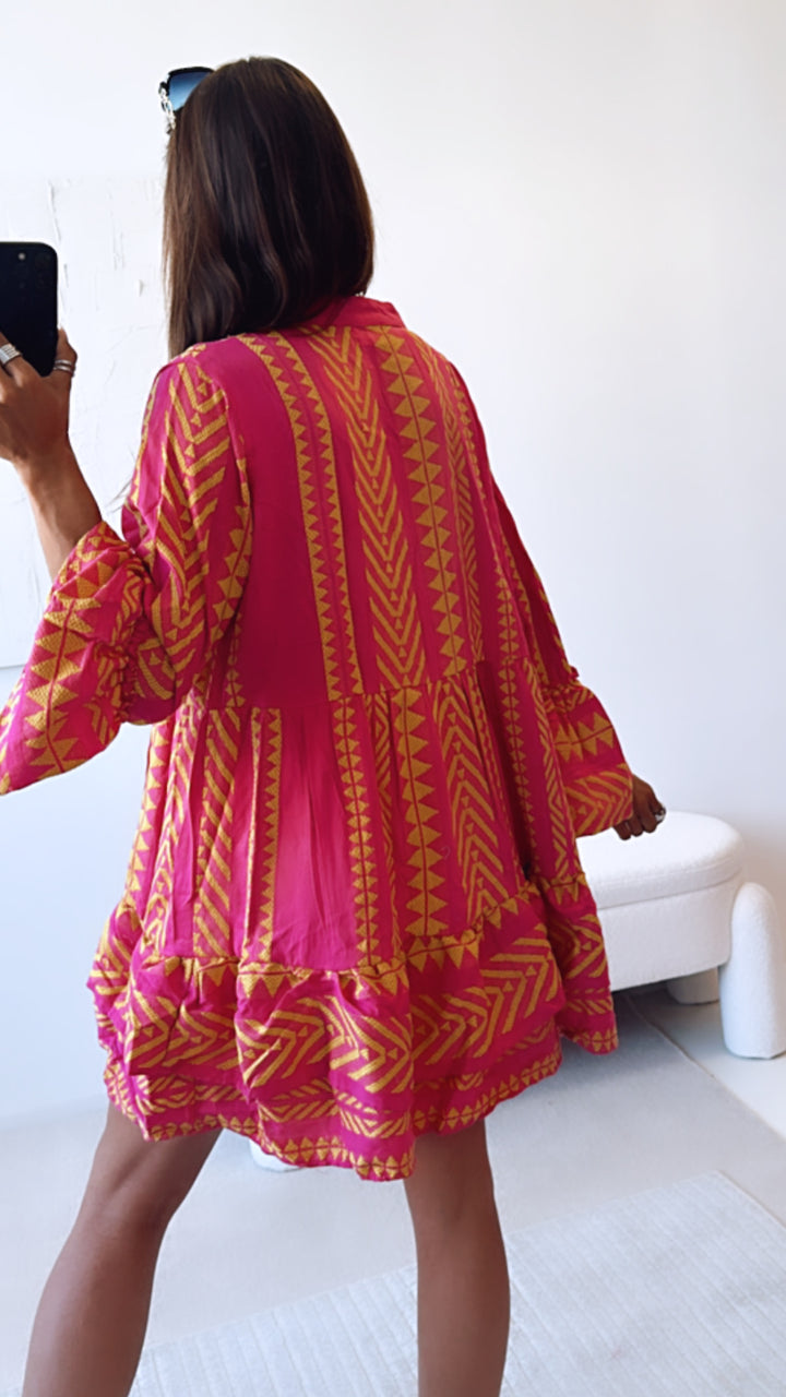 Tunika Kleid mit ausgefallenem Muster, eckige Formen / pink - gelb Art. 6705