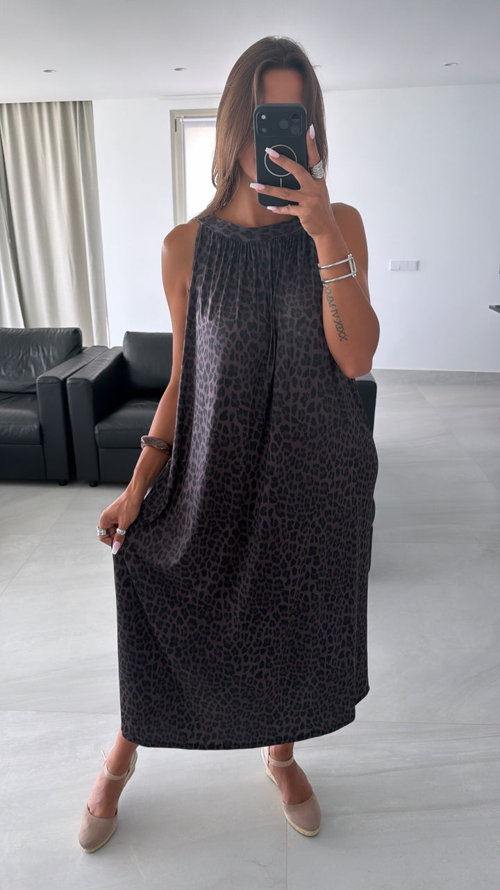 LEO Maxi A-Linien Kleid, Neckholder / braun - schwarz Art. 15987