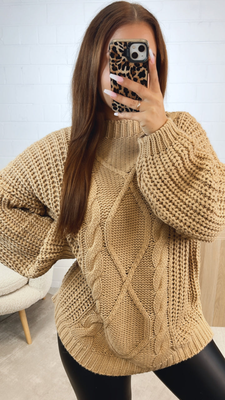 grober Strick Pullover mit Zopfmuster / camel Art. 12374