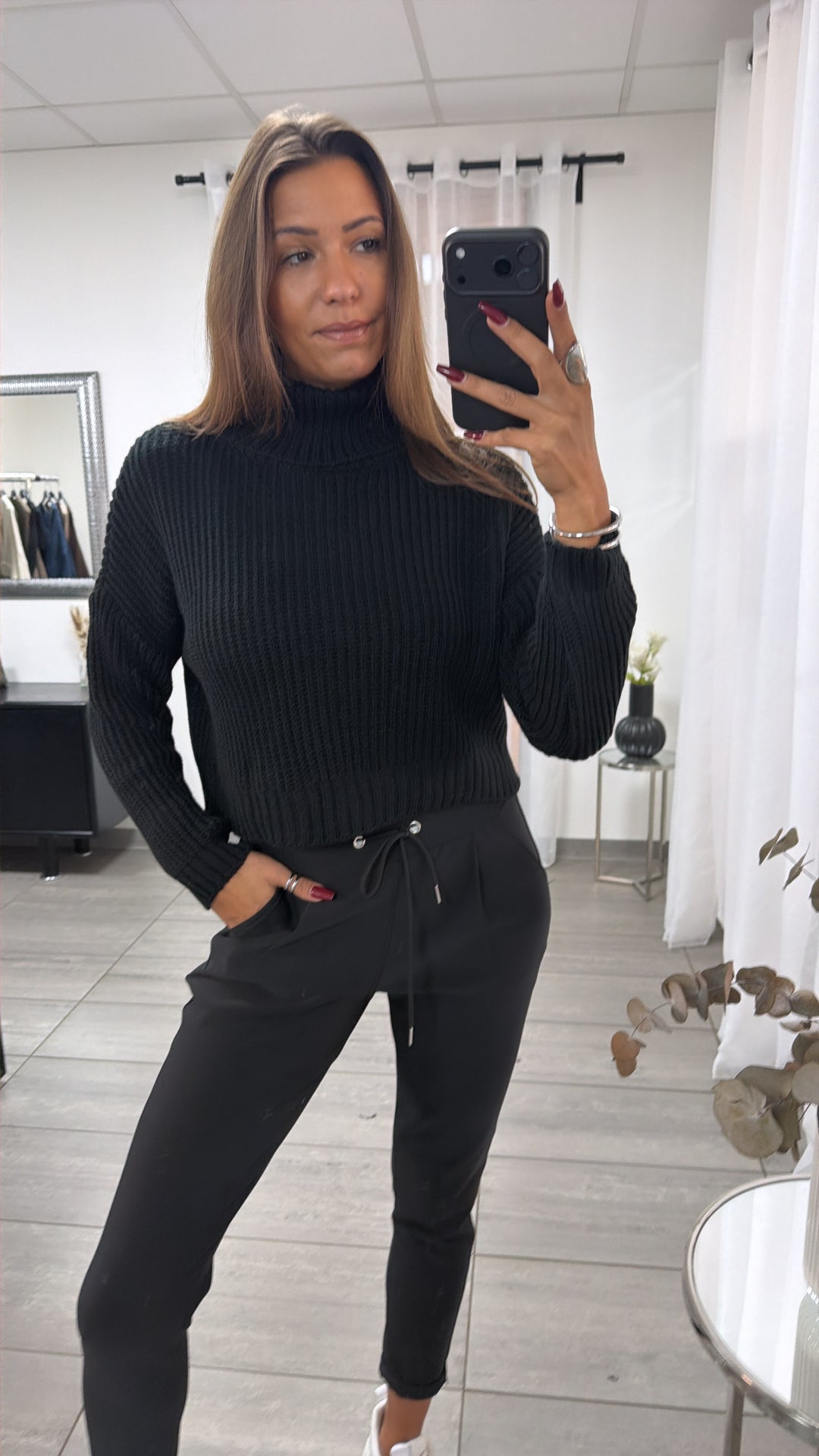 Crop grober Strick Pullover, Rollkragen / schwarz 16769