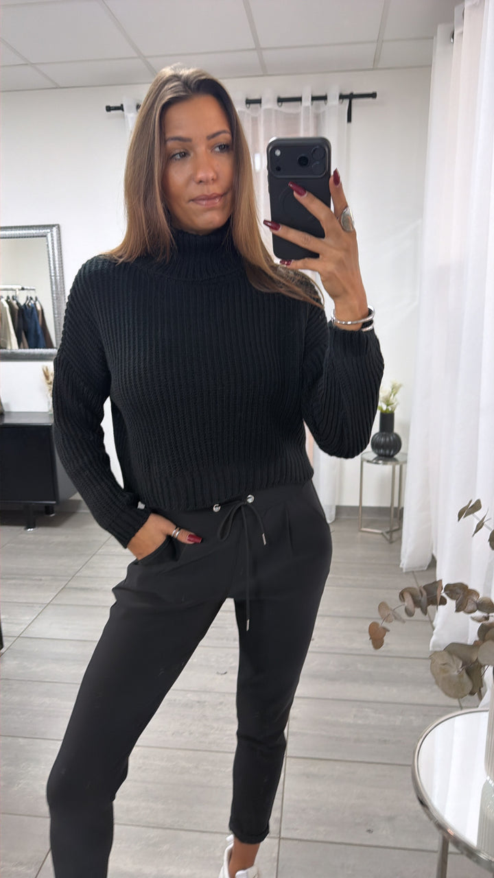 Crop grober Strick Pullover, Rollkragen / schwarz 16769