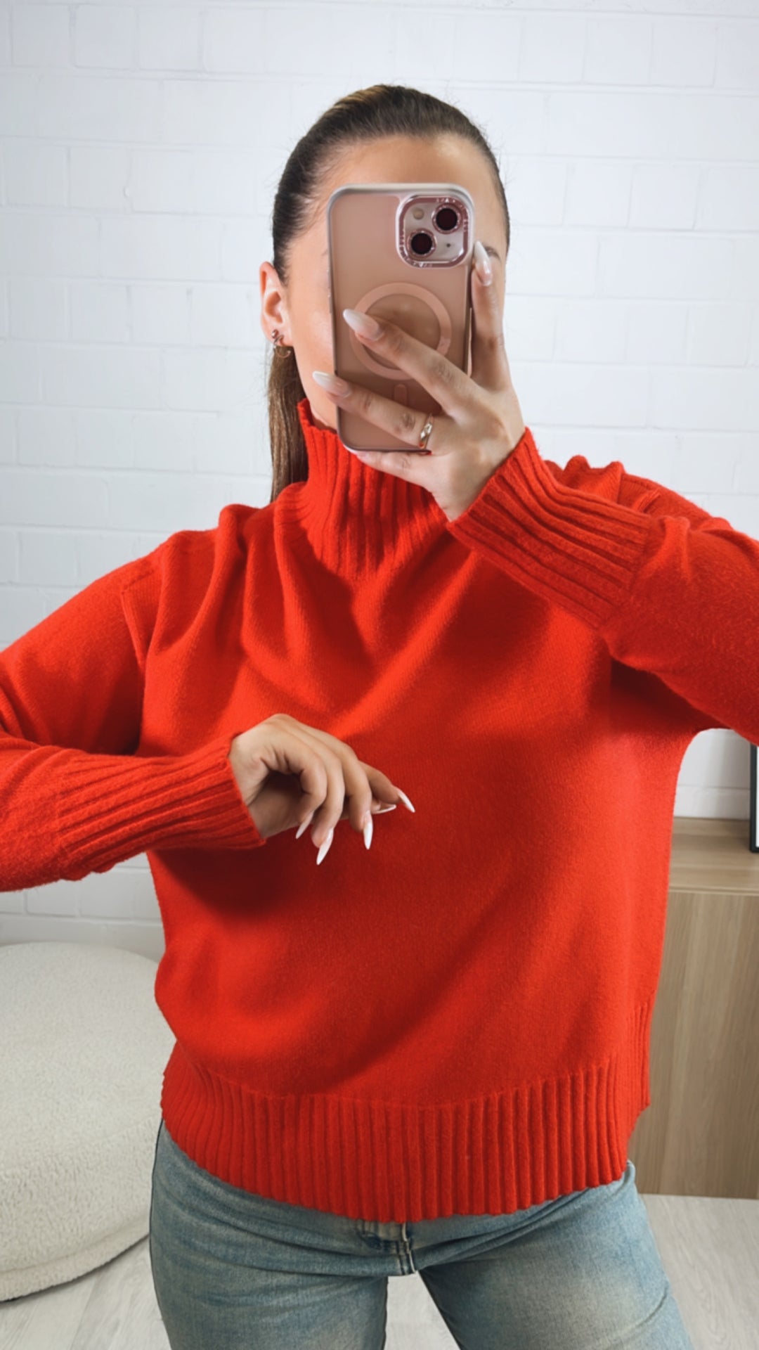 Stehkragen Pullover, gerippter Kragen und Bund / rot Art. 9799