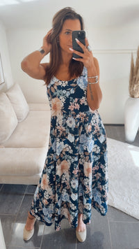 FLORALES Maxi Kleid mit verstellbaren Trägern / blau - hell blau- creme - rosa Art.14784