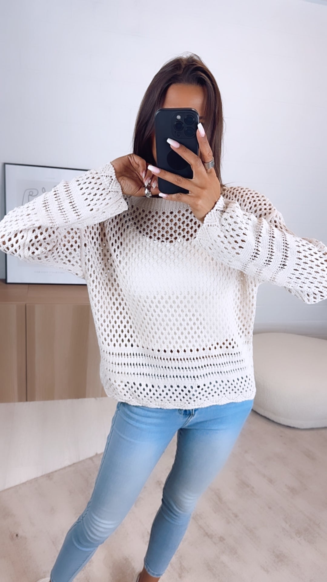 leichter Strick Pullover mit Loch Muster / beige Art. 6522