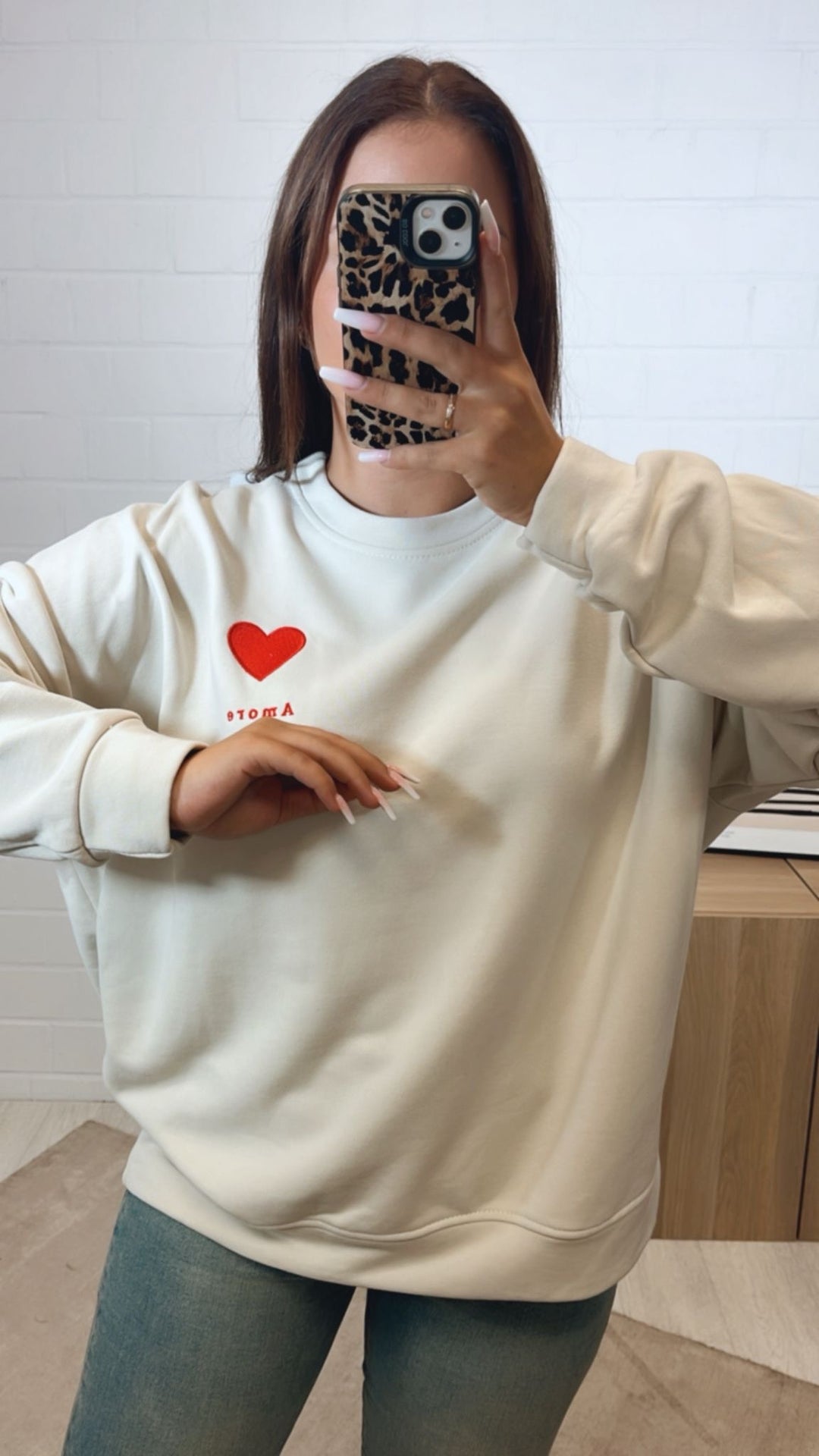 oversize Pullover " Amore " / beige - rot Art. 12286