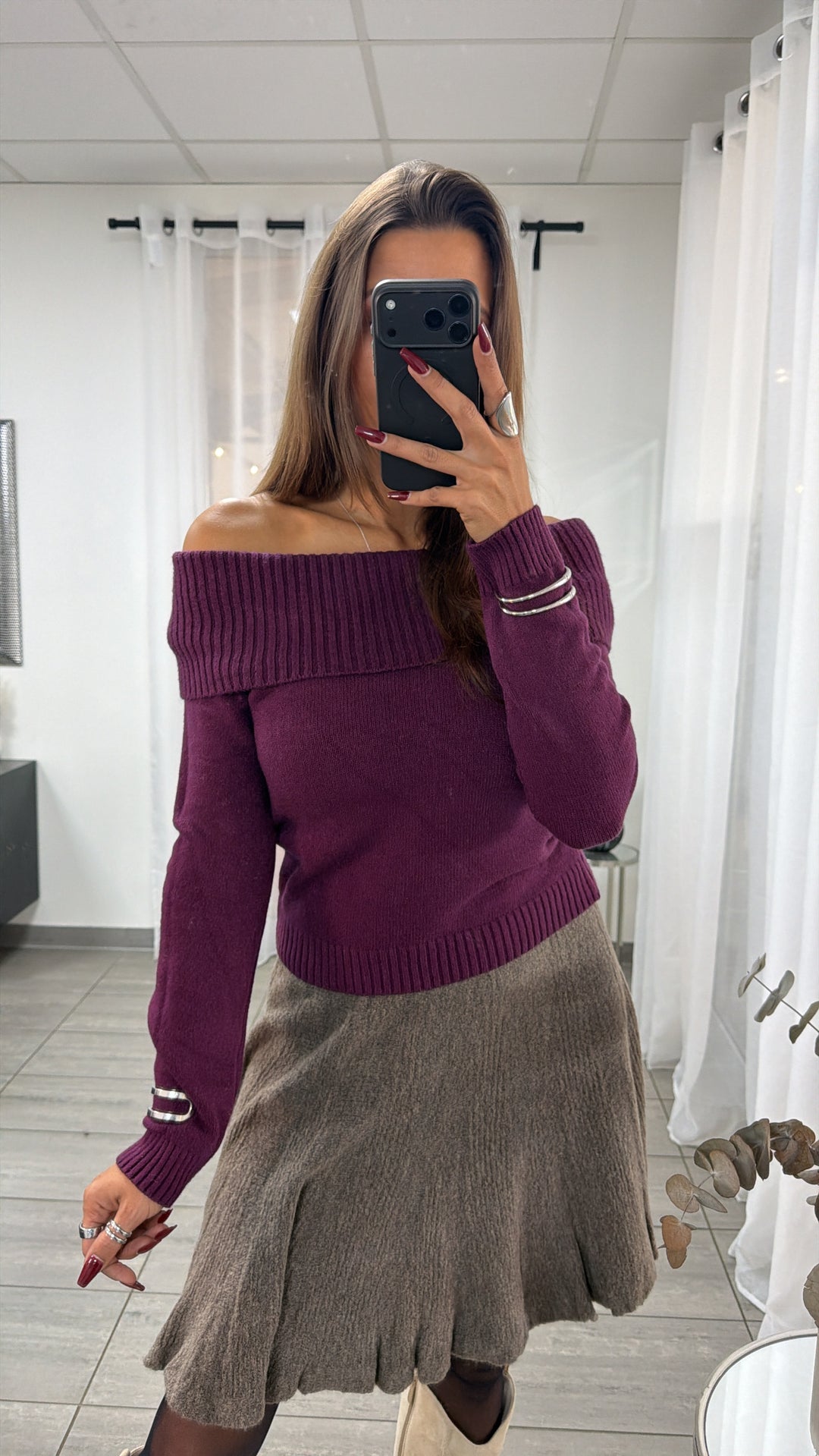 kurzer Strick Pullover mit variablem Schalkragen / aubergine Art. 16720