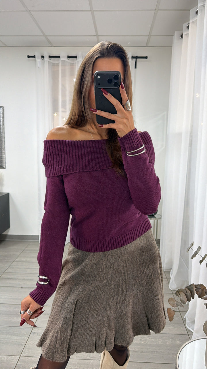 kurzer Strick Pullover mit variablem Schalkragen / aubergine Art. 16720