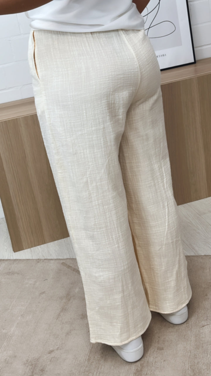 lockere Baumwoll Hose, Blumen Stickerei / beige Art. 10804