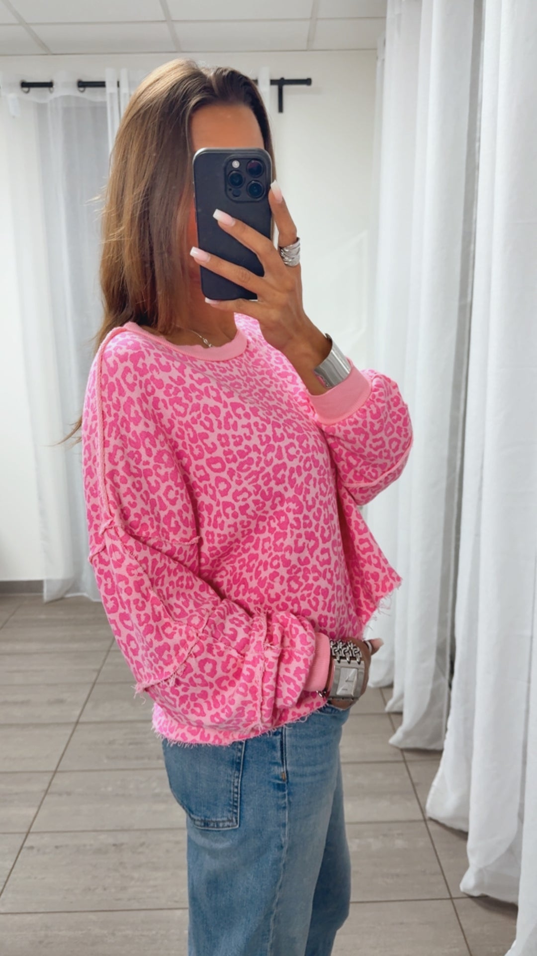 Sweater kleines Leo Muster , used Bund / rosa-pink Art. 14885