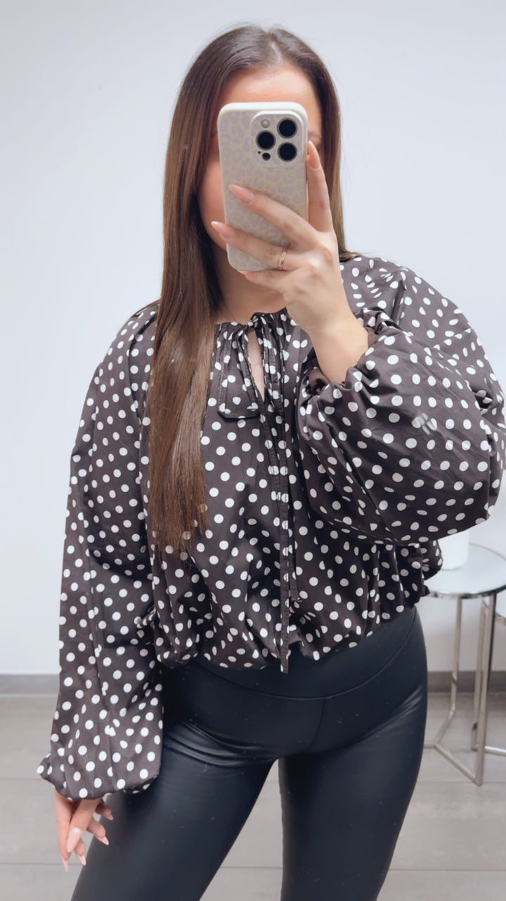 PUNKTE kürzeres, dickeres Blusen Oberteil / dunkel braun - weiss Art. 13709