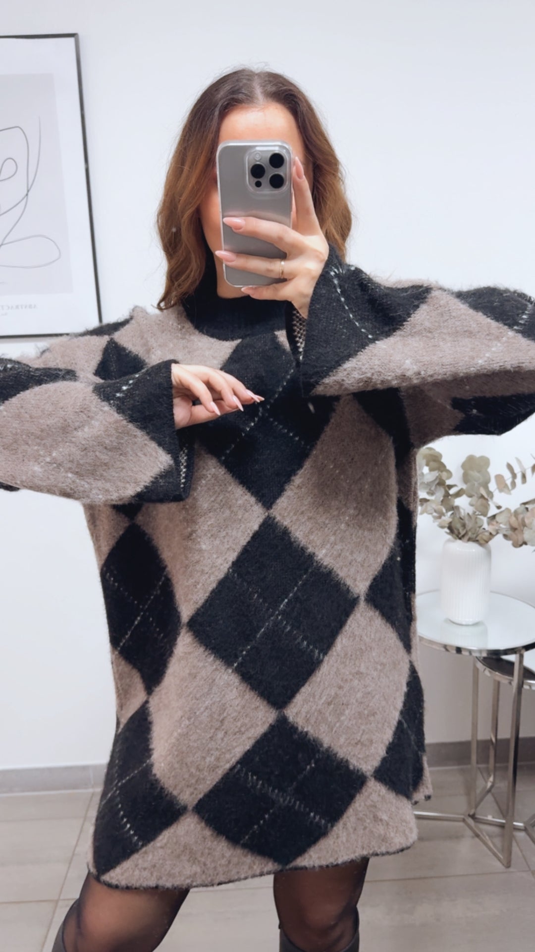 ARGYLE flauschiges Strick Kleid / schwarz - braun meliert - weiss Art. 13165