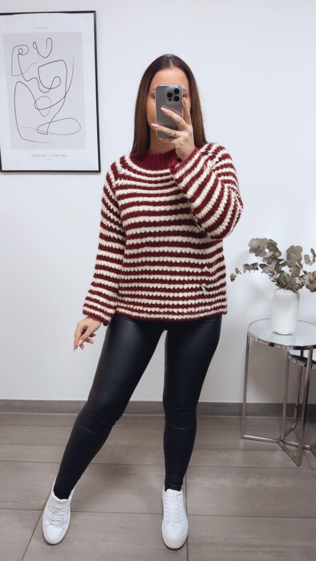 ausgefallener Strick Pullover mit Streifen / bordeaux rot - soft gelb Art. 13300