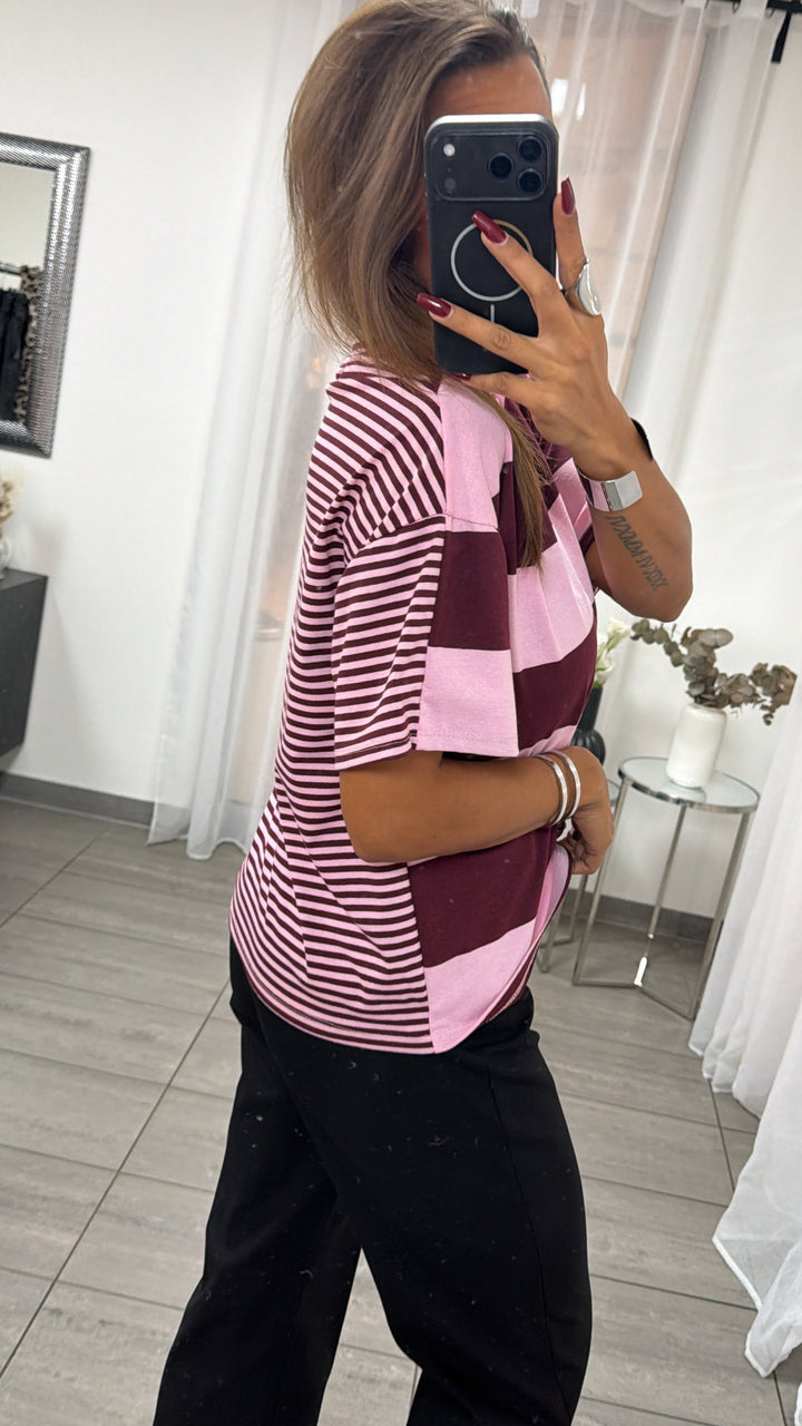 leichtes oversize T-shirt im Streifen Mix / burgundy - rosa Art. 16502