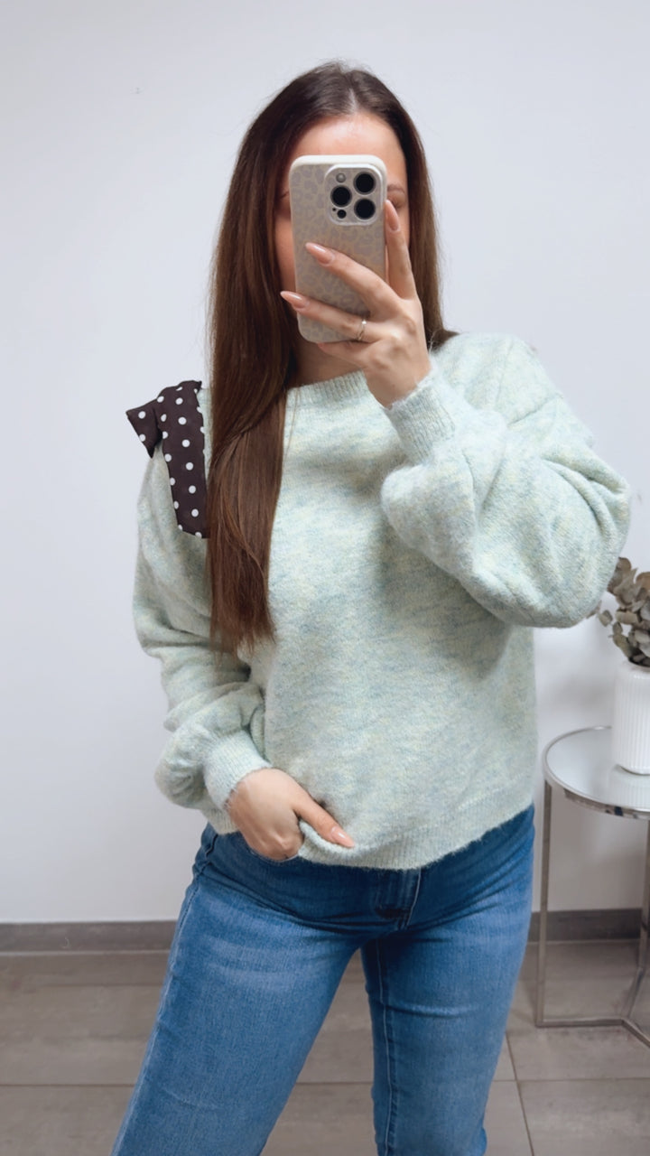 ONE SHOULDER Pullover, Punkte Schleife / mint meliert Art. 13817