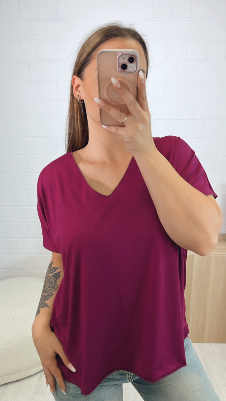 T-shirt Oberteil mit V-Ausschnitt / aubergine Art. 9794