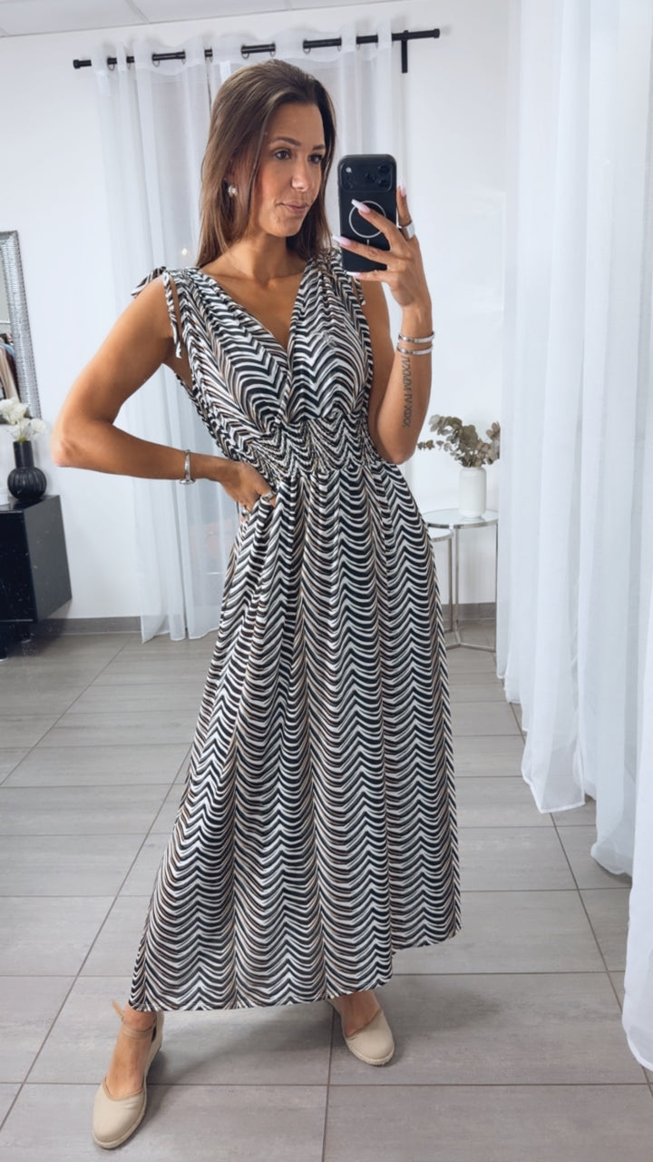 MAXI LINIEN Kleid mit breiten Trägern und geraffter Taille / schwarz - beige - weiß Art.15058