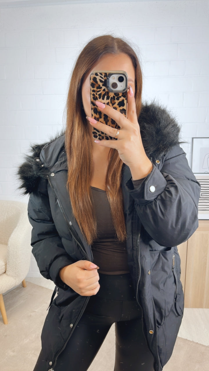 mittellange Stepp Jacke, abnehmbarer Kapuzenkragen / schwarz Art. 12868