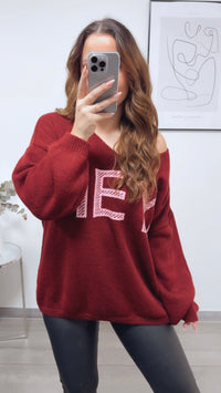 Strick Pullover " HEY ! " / bordeaux rot - pink Art. 13152