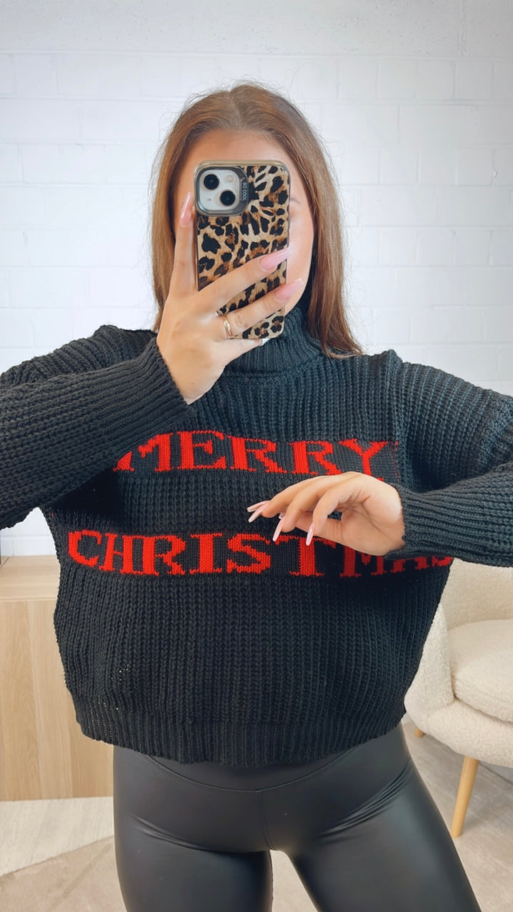 leichter Rollkragen Pullover "Merry Christmas" / schwarz - rot Art. 12626