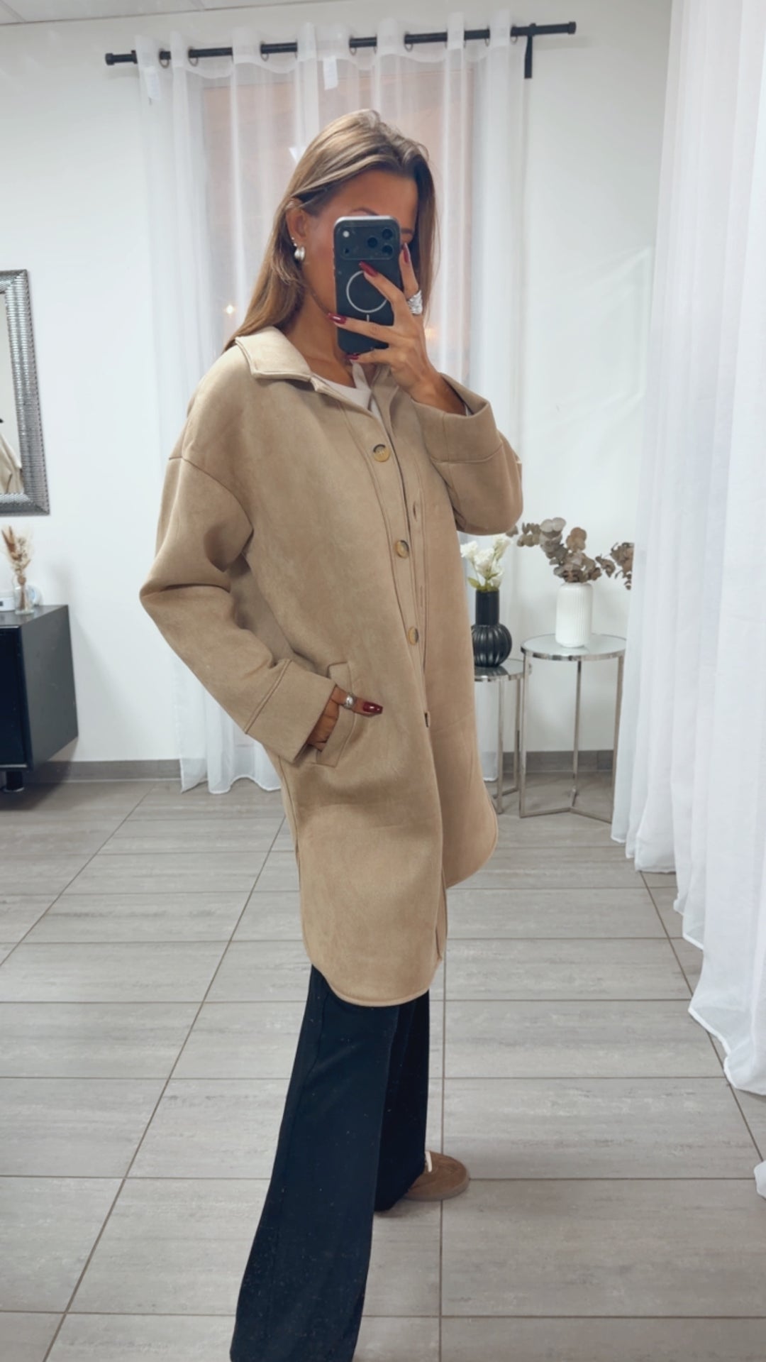 WILDLEDER OPTIK Long Jacke mit Taschen / beige Art. 16404
