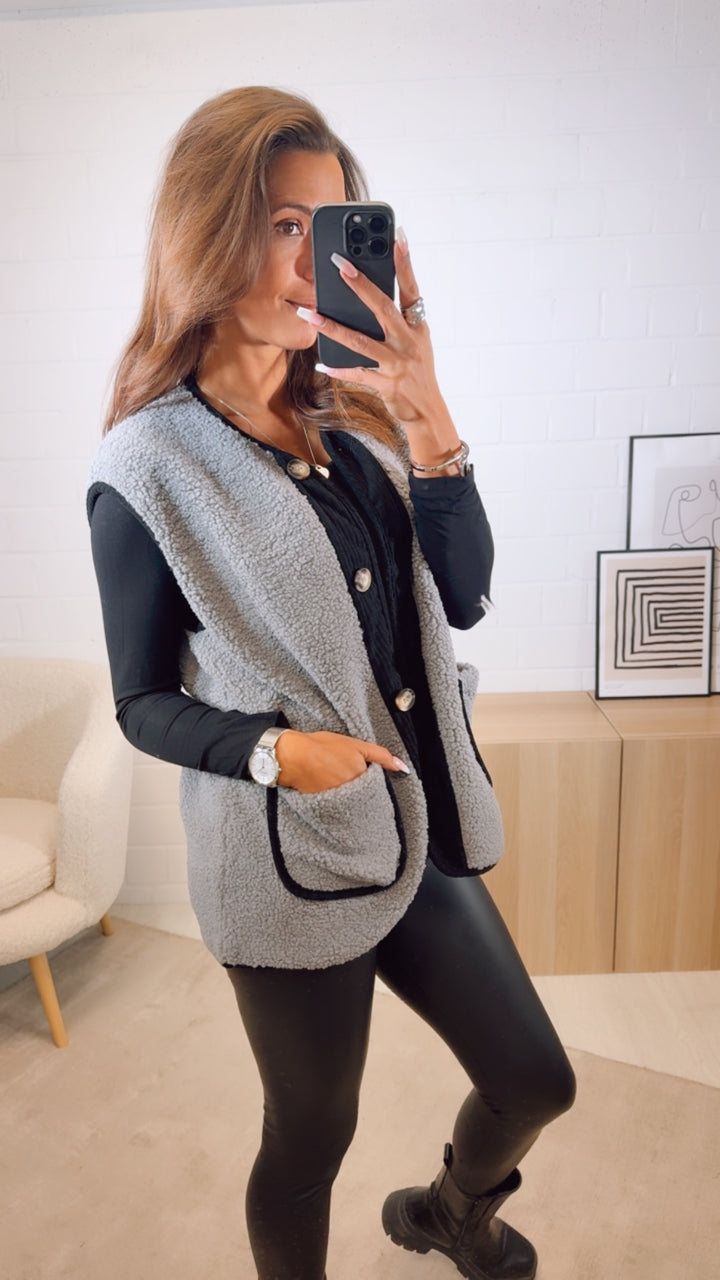 TEDDY Weste mit Cord Applikationen / grau - schwarz Art. 13095