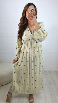 SONNE (Midi-) Baumwoll Kleid, V-Ausschnitt, 3/4 - Ärmel / soft matcha - weiss - blau Art. 10220