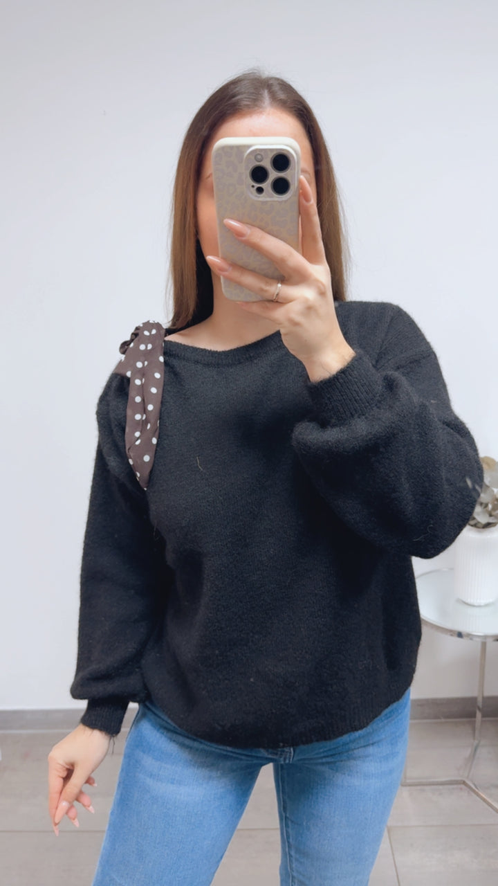 ONE SHOULDER Pullover, Punkte Schleife / schwarz Art. 13821