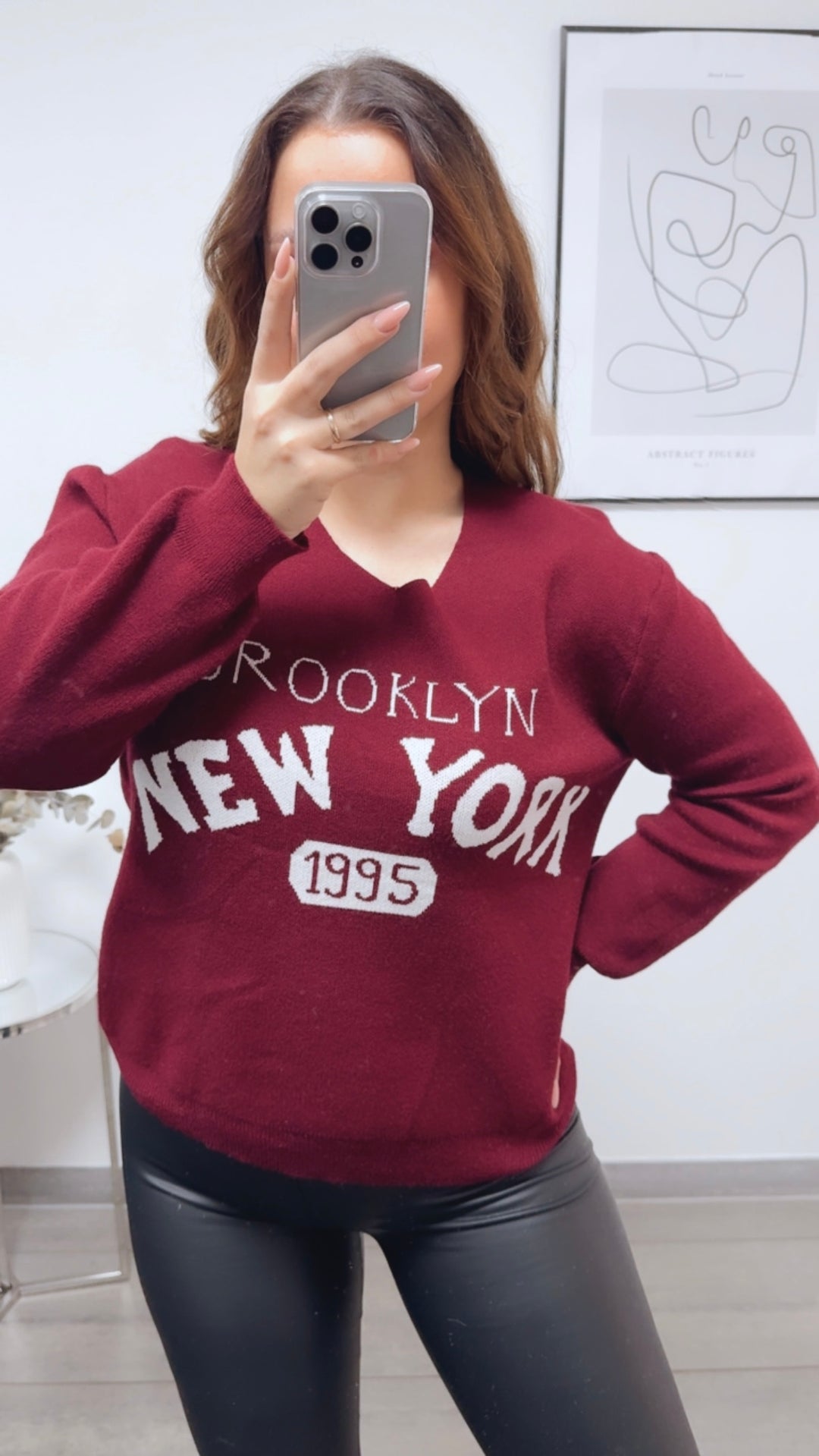 weicher Strick Pullover " New York " / bordeaux rot - weiss Art. 13146