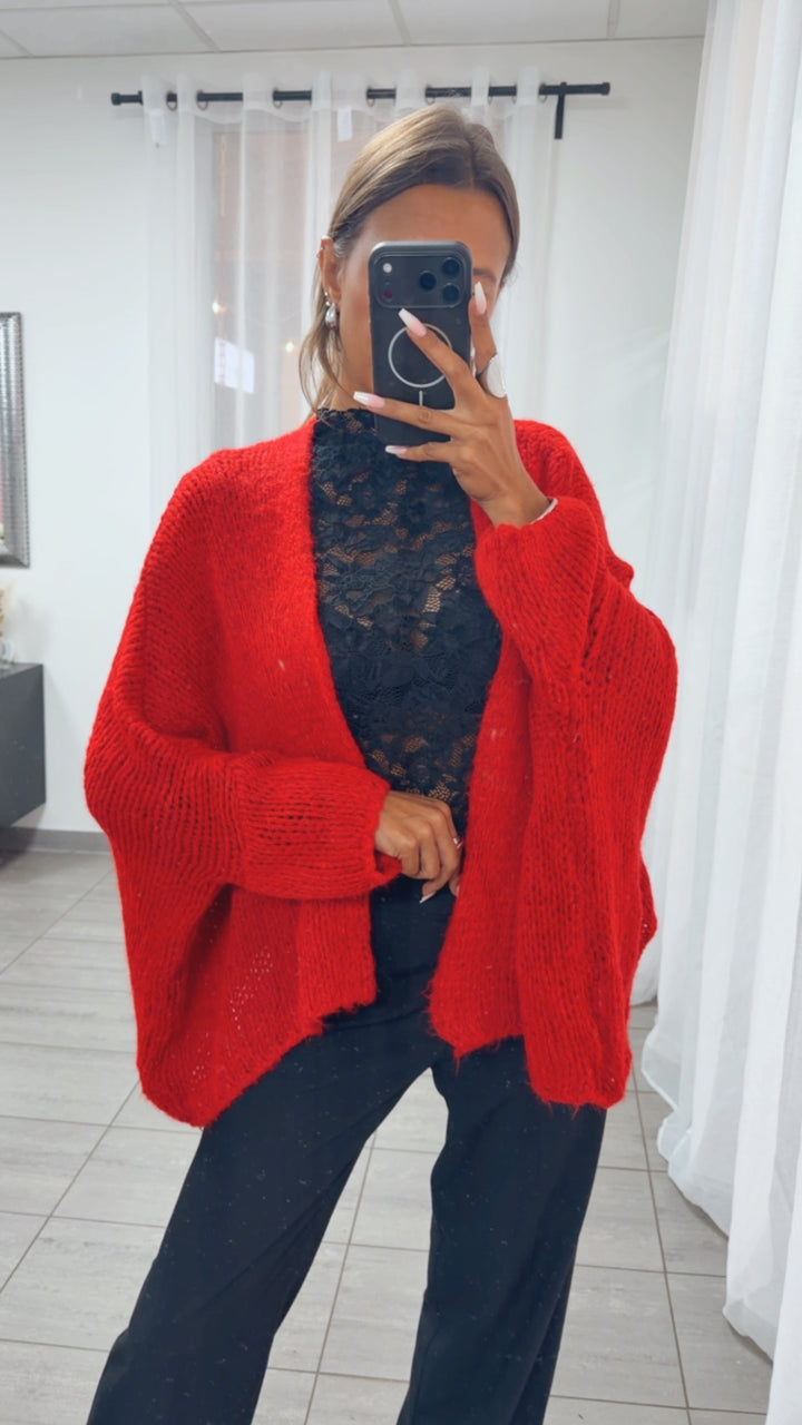 Oversize Strick Cardigan mit 3/4 -  Fledermausärmeln, offen / rot Art. 16215