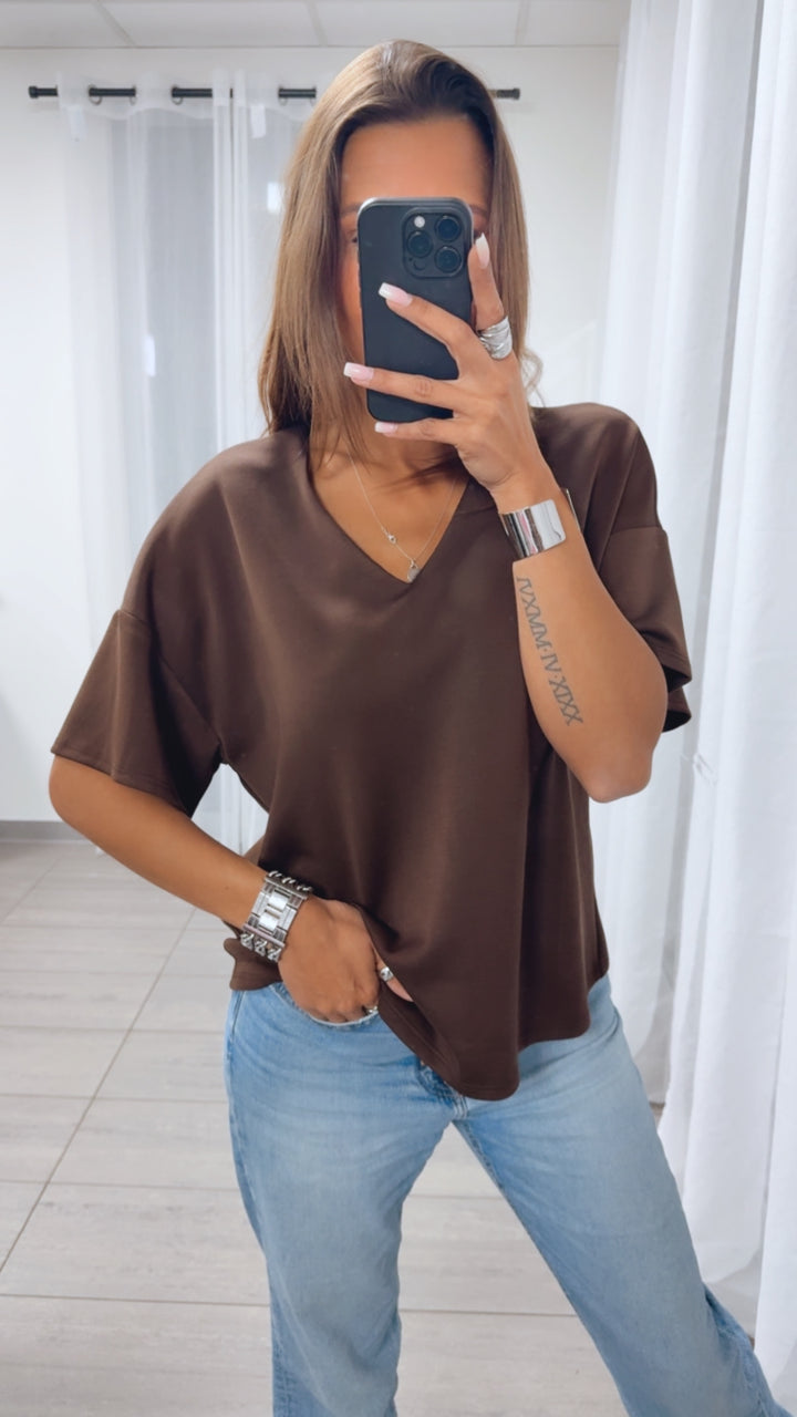V-Ausschnitt Butterstoff T-Shirt / braun Art. 14884