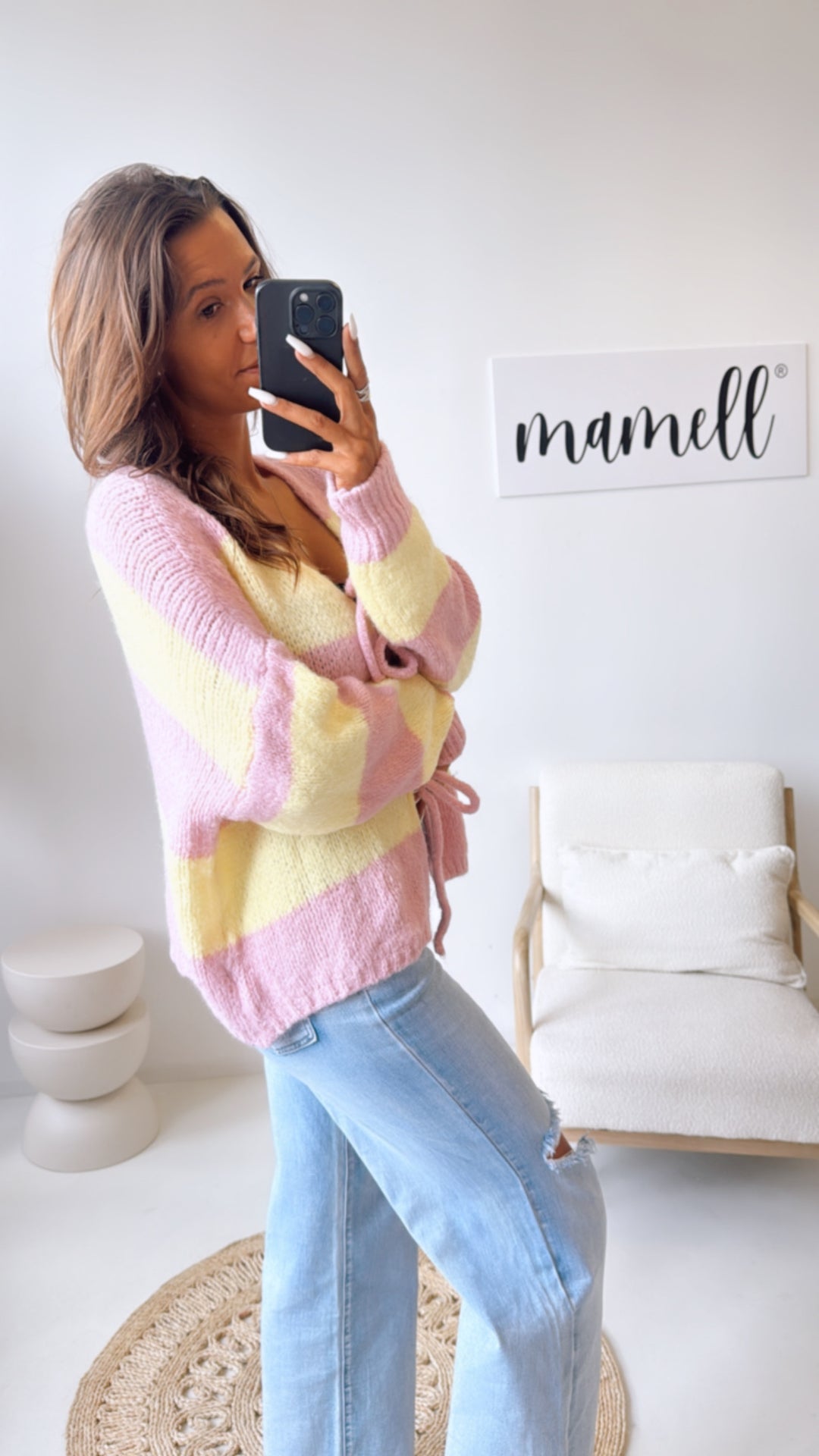 STREIFEN Strick Cardigan zum schnüren / soft gelb - rosa Art. 10821