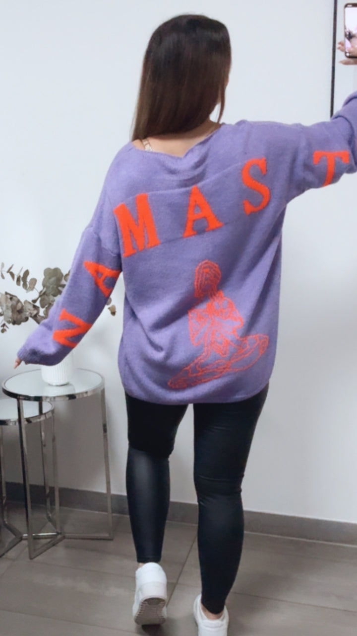 Strick Pullover "Namaste" / Flieder - Neon orange Art. 13336