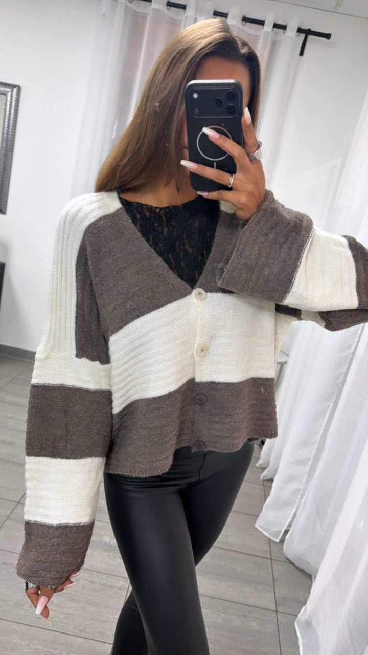 Breite Streifen Oversize Cardigan / aschiges braun - creme Art.16314